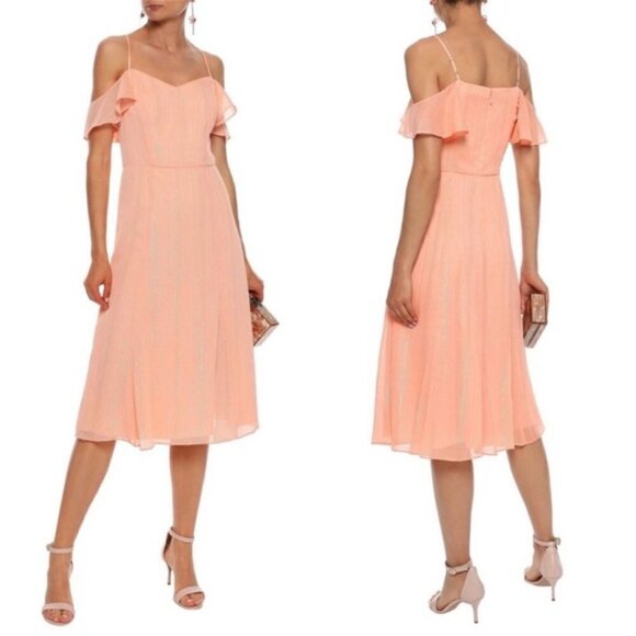 Halston peach gold metallic cold shoulder midi Georgette formal dress 12 - Picture 2 of 14